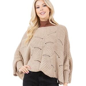 Cozy Tan Knit poncho Sweater by Victoria Leland Designs